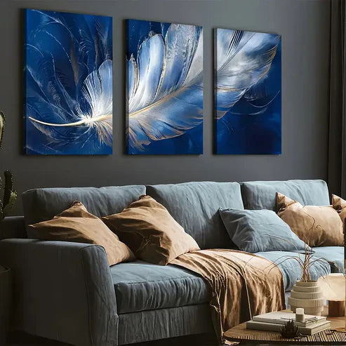 3pcs Ready to Hanging, Art Style Modern Fashion Feather Royal Blue Wall Art Set Canvas Unframed - High Quality Print 100% Australian Made Wall Canvas