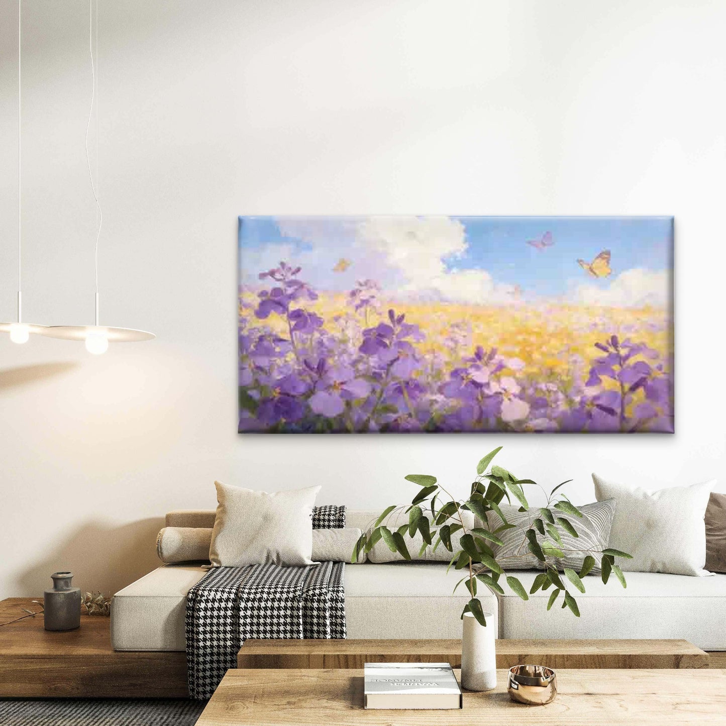 Purple Flowers And Butterflies Wall Art Canvas Office Home Room Framed 120x60cm - Bella Home Decor