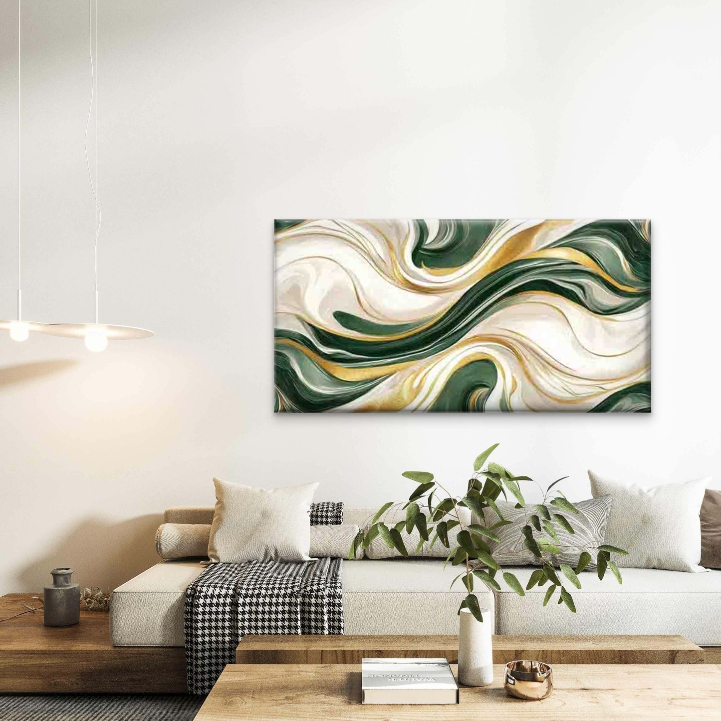Abstract Waves in Green, White Wall Art Canvas Office Home Room Framed 120x60cm - Bella Home Decor