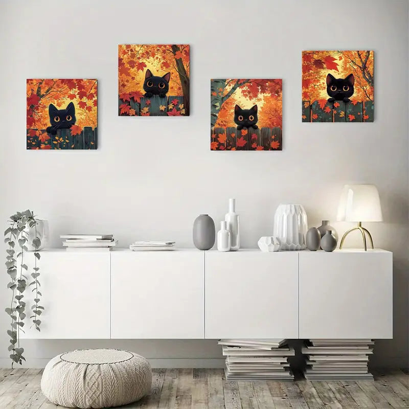 4pcs Cute Black Cat & Autumn Maple Leaves Design Wall Art Canvas Framed