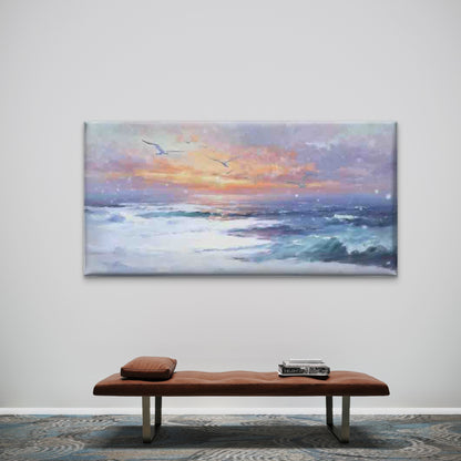 Ocean Waves Sunset Seagulls Wall Art Canvas Office Home Room Framed 120x60cm