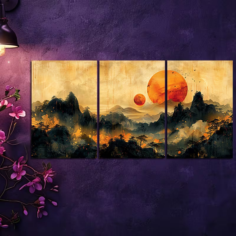 3pcs  Sunset Landscape with Moon and Mountains Wall Art Set Canvas Framed 40x60cm - High Quality Print 100% Australian Made Wall Canvas Ready to Hang - Bella Home Decor