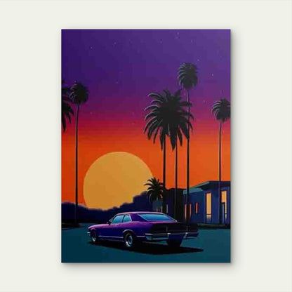 Retro Purple Palm Trees & Sunset with Purple Car 60x90cm Metal Print Ready to Hang - Bella Home Decor