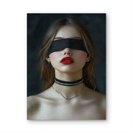 Woman with Red Lips Wearing a Black Eye Mask And Necklace 60x90cm Metal Print Ready to Hang