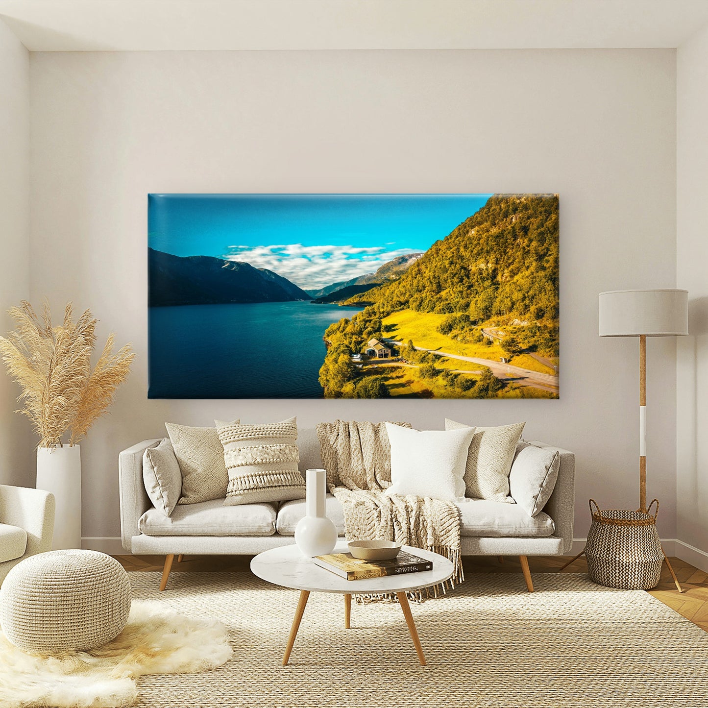 Peaceful Fjord Mountain Cabin Wall Art Canvas Office Home Room Framed 120x60cm