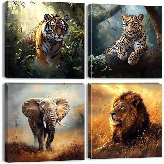 4pcs Lion Elephant Abstract Tiger Panther Wall Art Canvas Framed
