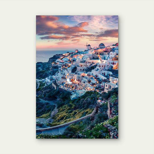 Oia Santorini Greece Sunset Windmill 40x60cm Metal Print Ready to Hang