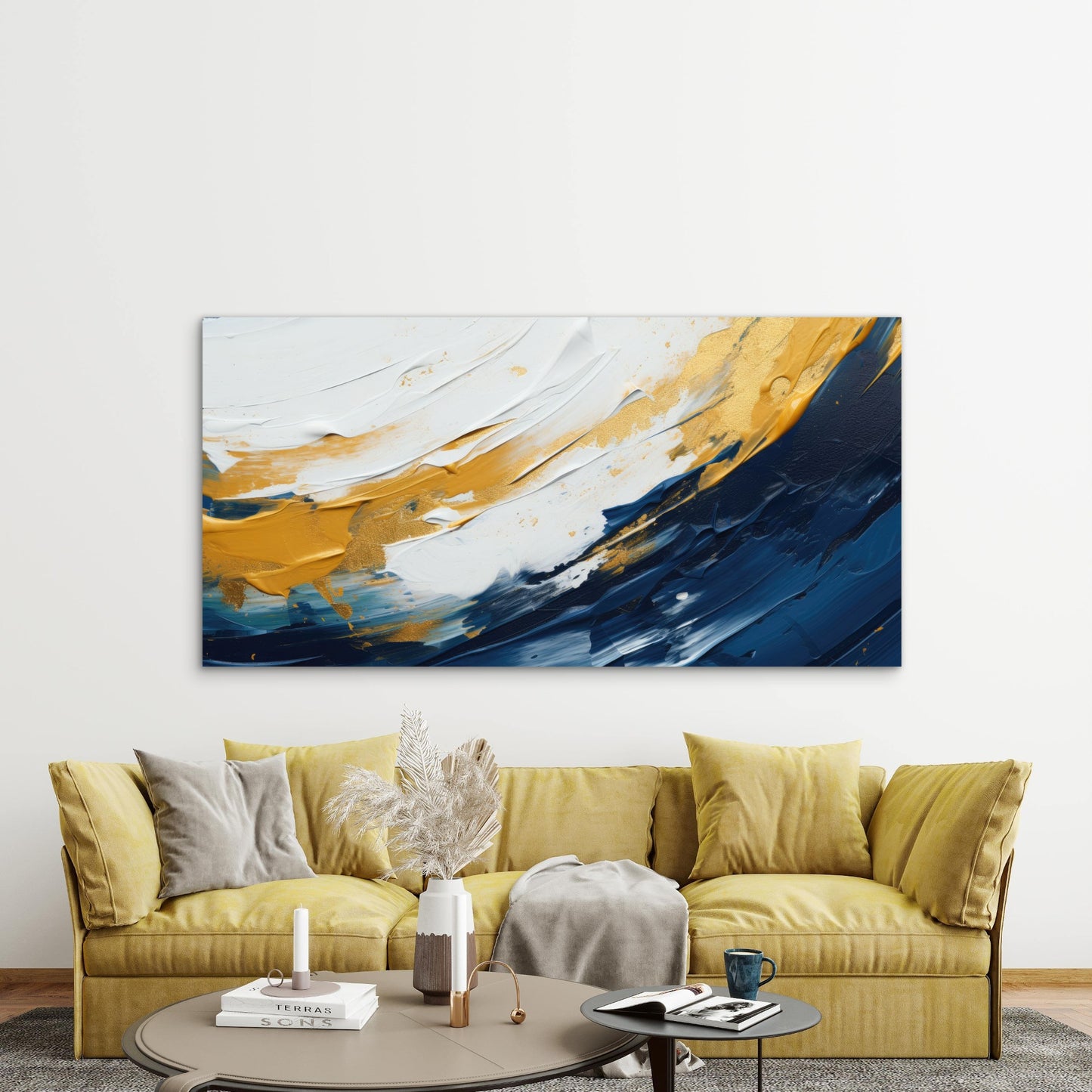 Ocean Waves Of Gold Wall Art Canvas Office Home Room Framed 120x60cm