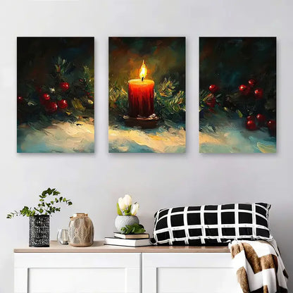 3pcs Candles And Red Berries Metal Print Ready to Hang Art - Bella Home Decor