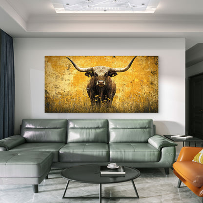 Longhorn Bull in Wildflower Wall Art Canvas Office Home Room Framed 120x60cm - Bella Home Decor