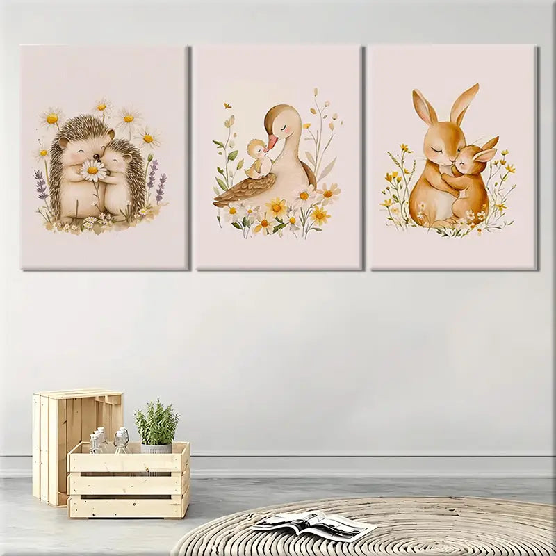 3pcs Cute Rabbit Hedgehog Duck Nursery Paintings Metal Print Ready to Hang Art - Bella Home Decor