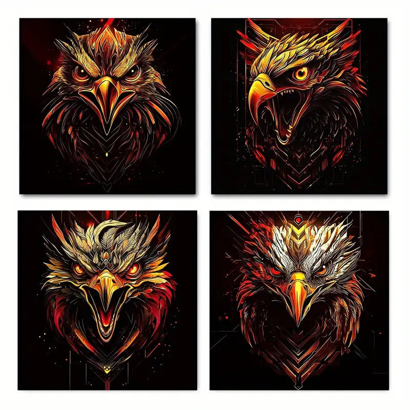 4pcs Phoenix & Eagle Motif Wall Art Canvas Framed