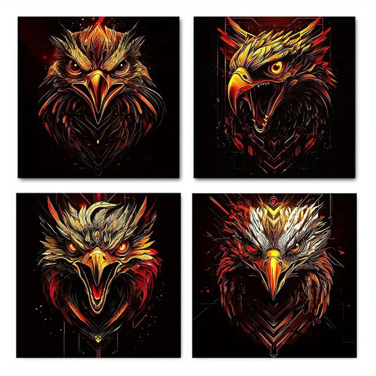 4pcs Phoenix & Eagle Motif Wall Art Canvas Framed