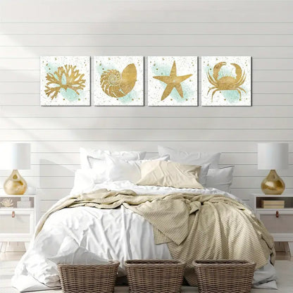 4pcs Vintage Seashell Starfish Crap Conch Sealife Wall Art Canvas Framed