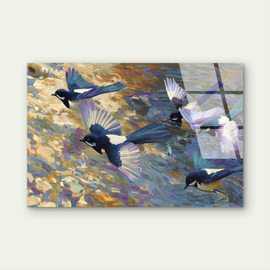 Flying Magpie Bird Flock Paint Acrylic Glass Printing Wall Art Australian Made Quality