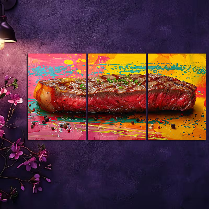 3pcs Vibrant Delicious Steak Design Wall Art Set Canvas Framed 60x90cm - High Quality Print 100% Australian Made Wall Canvas Ready to Hang
