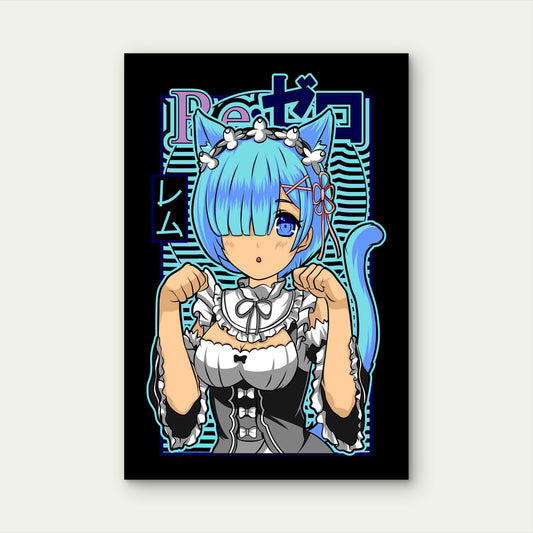 Electric Cyan & Indigo Kawaii Neko Maid Glitch 60x90cm Metal Print Ready to Hang