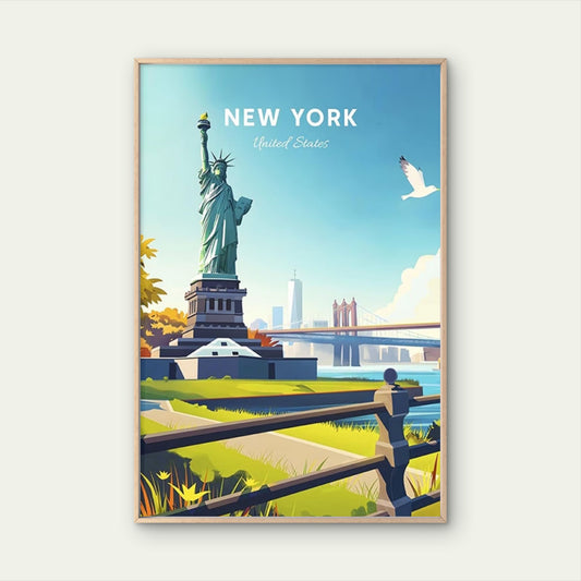 New York Statue of Liberty & Brooklyn Travel Poster Print Wall Art