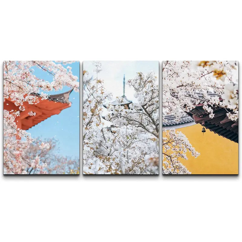 3pcs Japanese Cherry Blossom Canvas Metal Print Ready to Hang Art