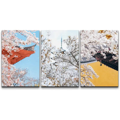 3pcs Japanese Cherry Blossom Canvas Metal Print Ready to Hang Art