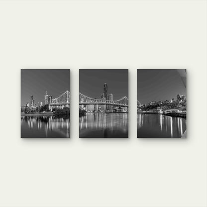 3pcs Brisbane Story Bridge Skyline Black & White Metal Print Ready to Hang Art