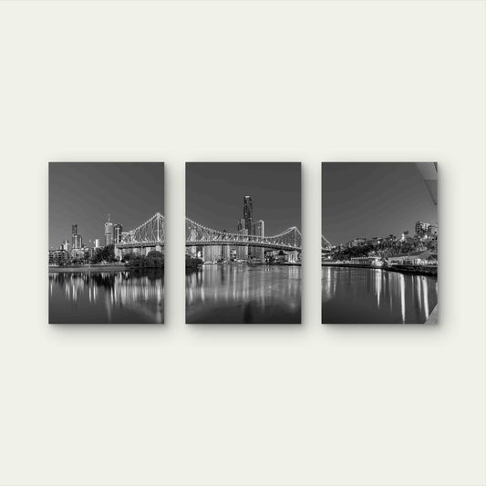 3pcs Brisbane Story Bridge Skyline Black & White Metal Print Ready to Hang Art