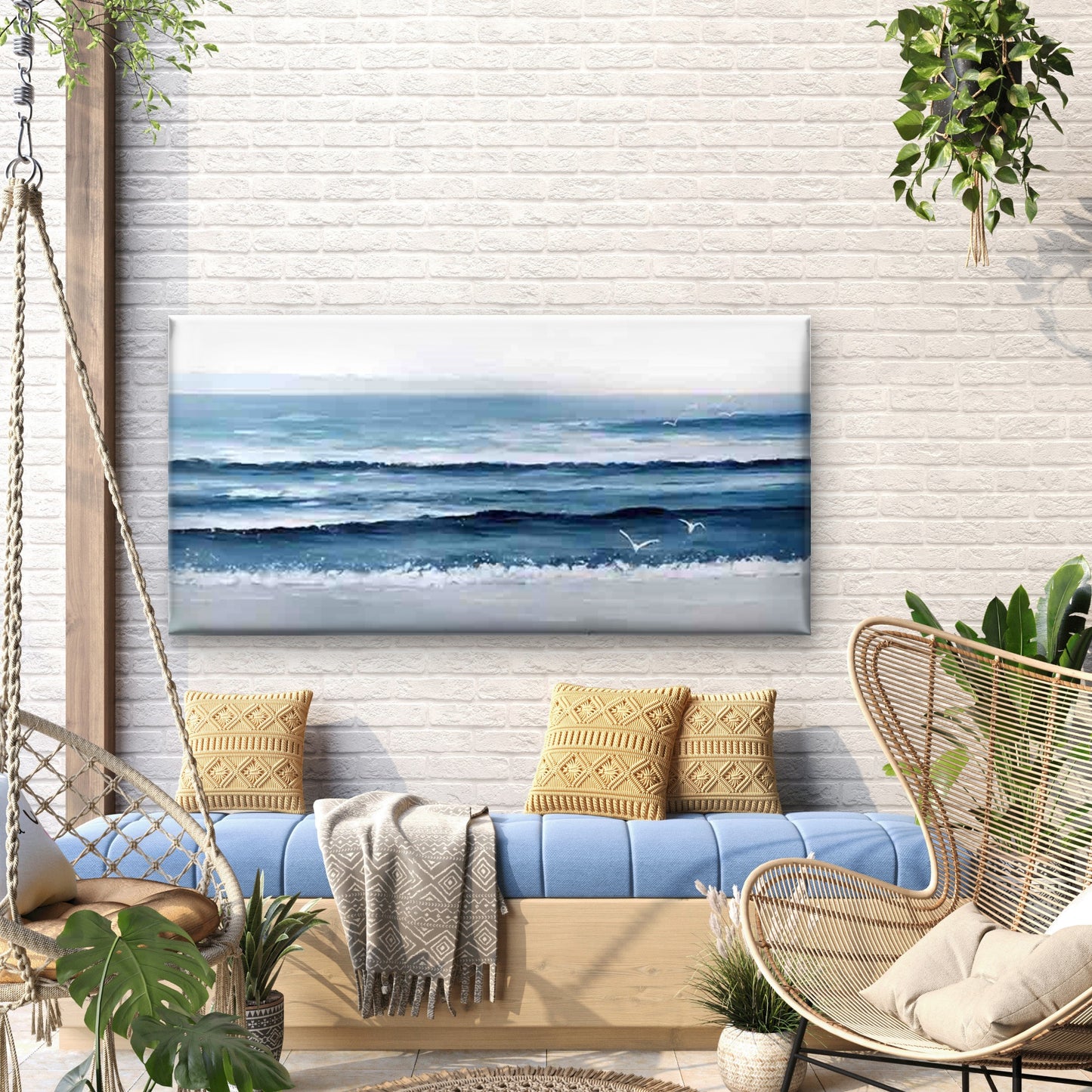 Blue Ocean Waves & Seagulls Wall Art Canvas Office Home Room Framed 120x60cm - Bella Home Decor
