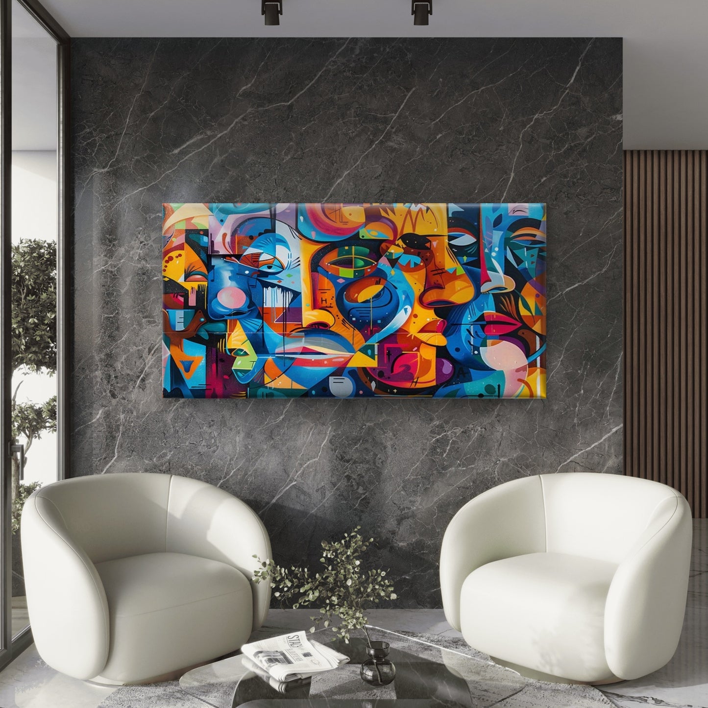 Abstract Faces in Bright Colors Wall Art Canvas Office Home Room Framed 120x60cm