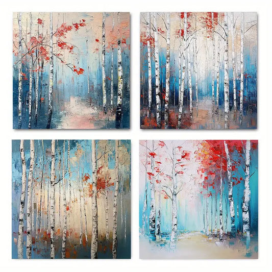 4pcs  White Birch Tree with Autumn Red & Blue    Wall Art Canvas Framed
