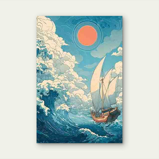 Navigating a Stormy Sea with a Rising Red Sun 60x90cm Metal Print Ready to Hang