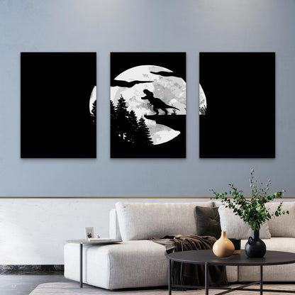 3pcs Monochrome Primeval Reptile Lunar Silhouette Metal Print Ready to Hang Art