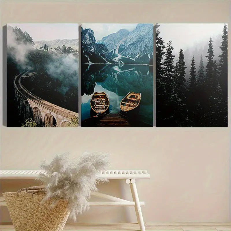 3pcs Lakes And Boats In Misty Forests Metal Print Ready to Hang Art
