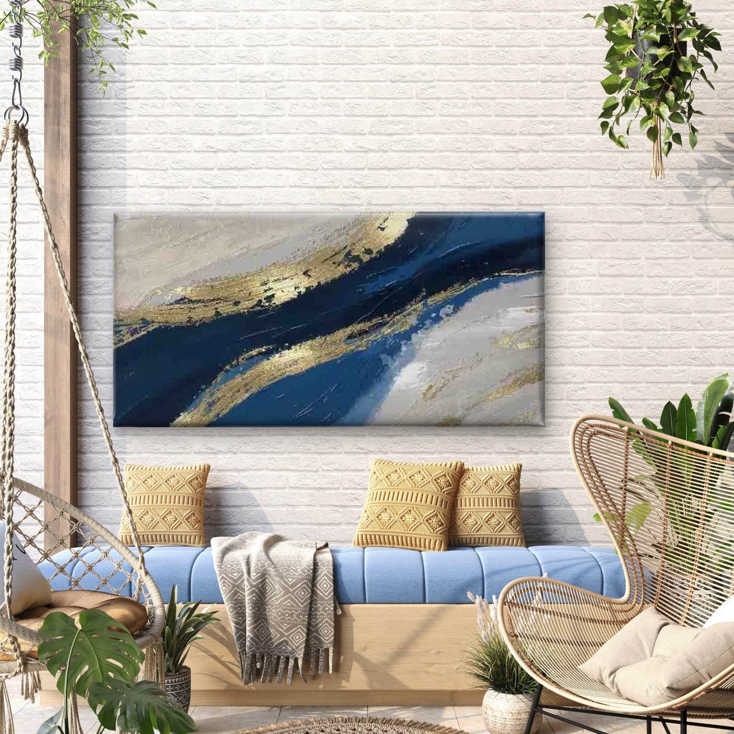 Abstract Blue & Golden Wall Art Canvas Office Home Room Framed 120x60cm - Bella Home Decor