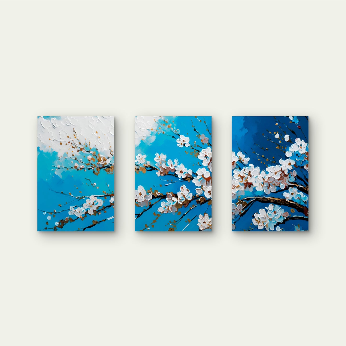 3pcs Abstract Teal White Blue Almond Blossom   Wall Art Set Canvas Framed 40x60cm - High Quality Print 100% Australian Made Wall Canvas Ready to Hang