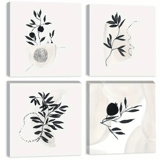 4pcs Black Fruit Branch Shape Pain  Wall Art Canvas Framed