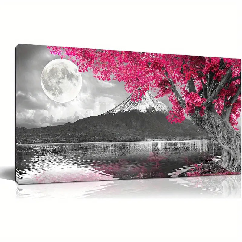 Pink Tree Night Sky Full Moon Mountain Wall Art canvas office home room framed 120x60cm - Bella Home Decor