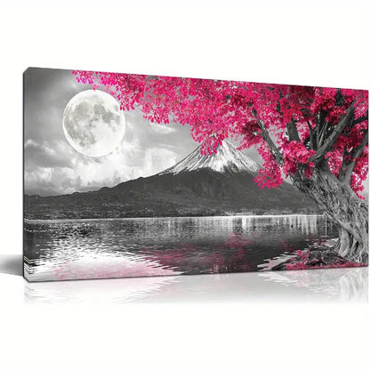 Pink Tree Night Sky Full Moon Mountain Wall Art canvas office home room framed 120x60cm - Bella Home Decor