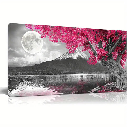 Pink Tree Night Sky Full Moon Mountain Wall Art canvas office home room framed 120x60cm - Bella Home Decor