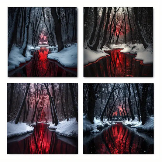 4pcs Bloodstained Reflection In Snowy Forest Wall Art Canvas Framed