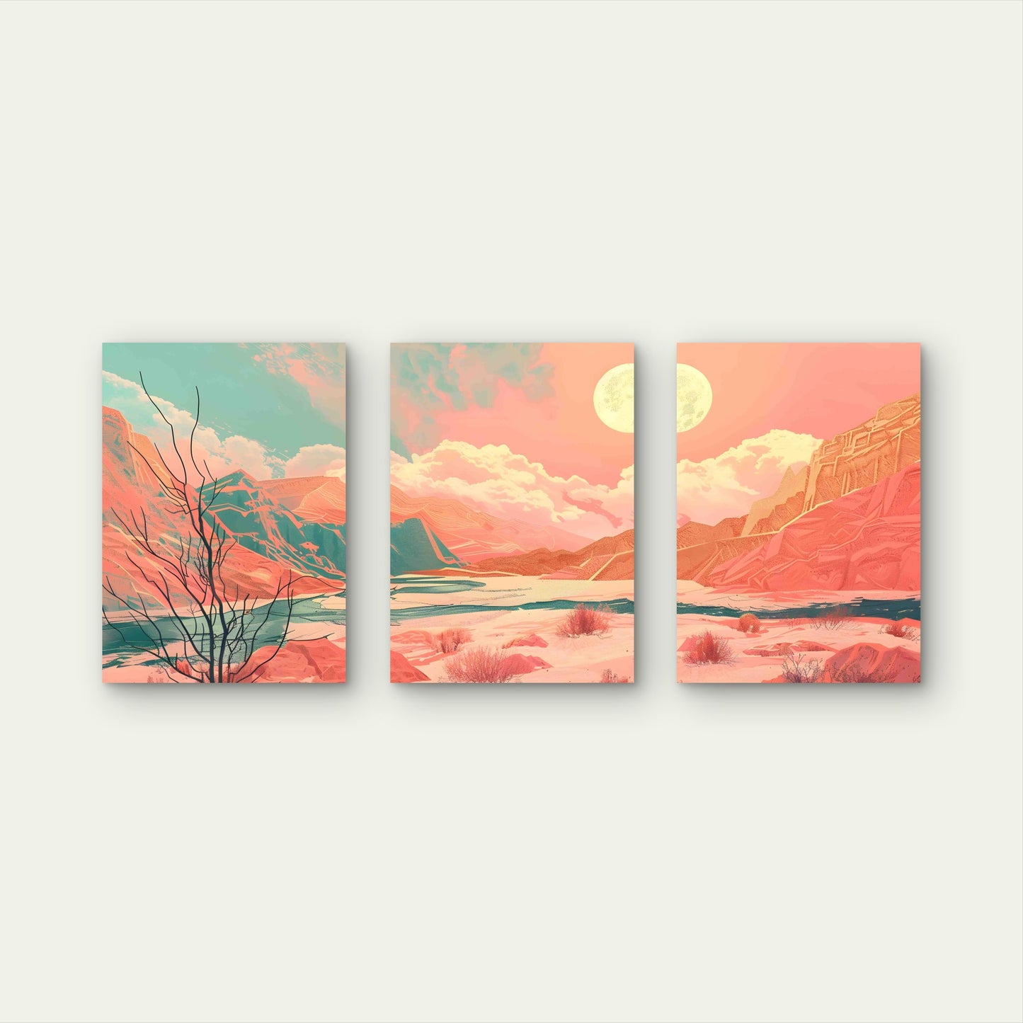 3pcs Pink Teal Mountains Landscape With Full Moon Metal Print Ready to Hang Art