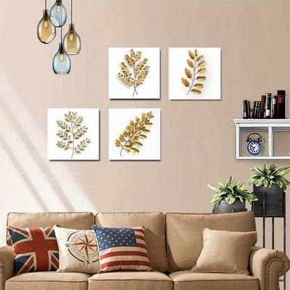 4pcs   Elegant Golden Leaves on White Backgroun   Wall Art Canvas Framed