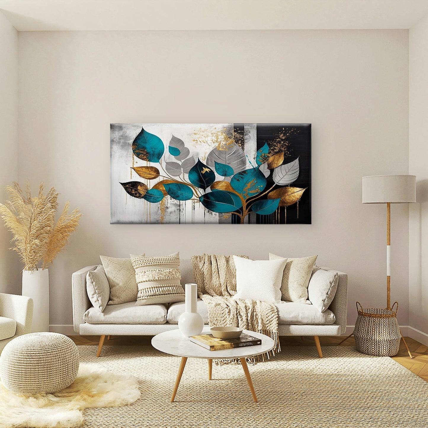 Modern Abstract Teal Gold Foil Leaves Wall Art Canvas Office Home Framed 120x60