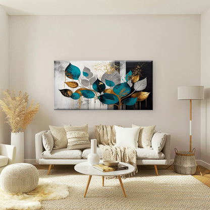 Modern Abstract Teal Gold Foil Leaves Wall Art Canvas Office Home Framed 120x60