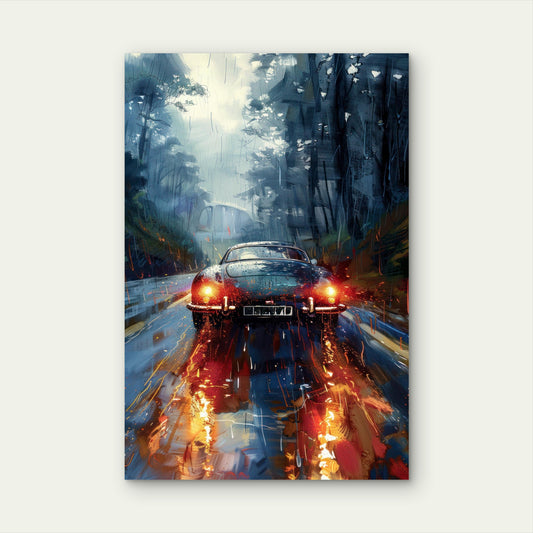 Vintage Sports Car Rainy Road Taillights 40x60cm Metal Print Ready to Hang