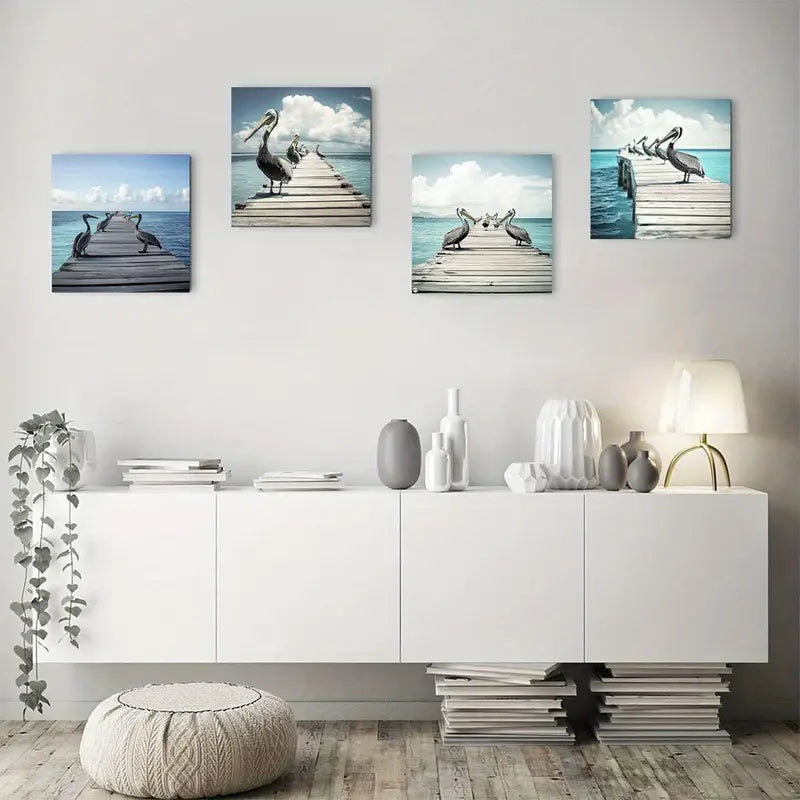 4pcs  Serene Sea & Perched Pelicans Scene   Wall Art Canvas Framed