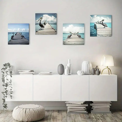 4pcs  Serene Sea & Perched Pelicans Scene   Wall Art Canvas Framed