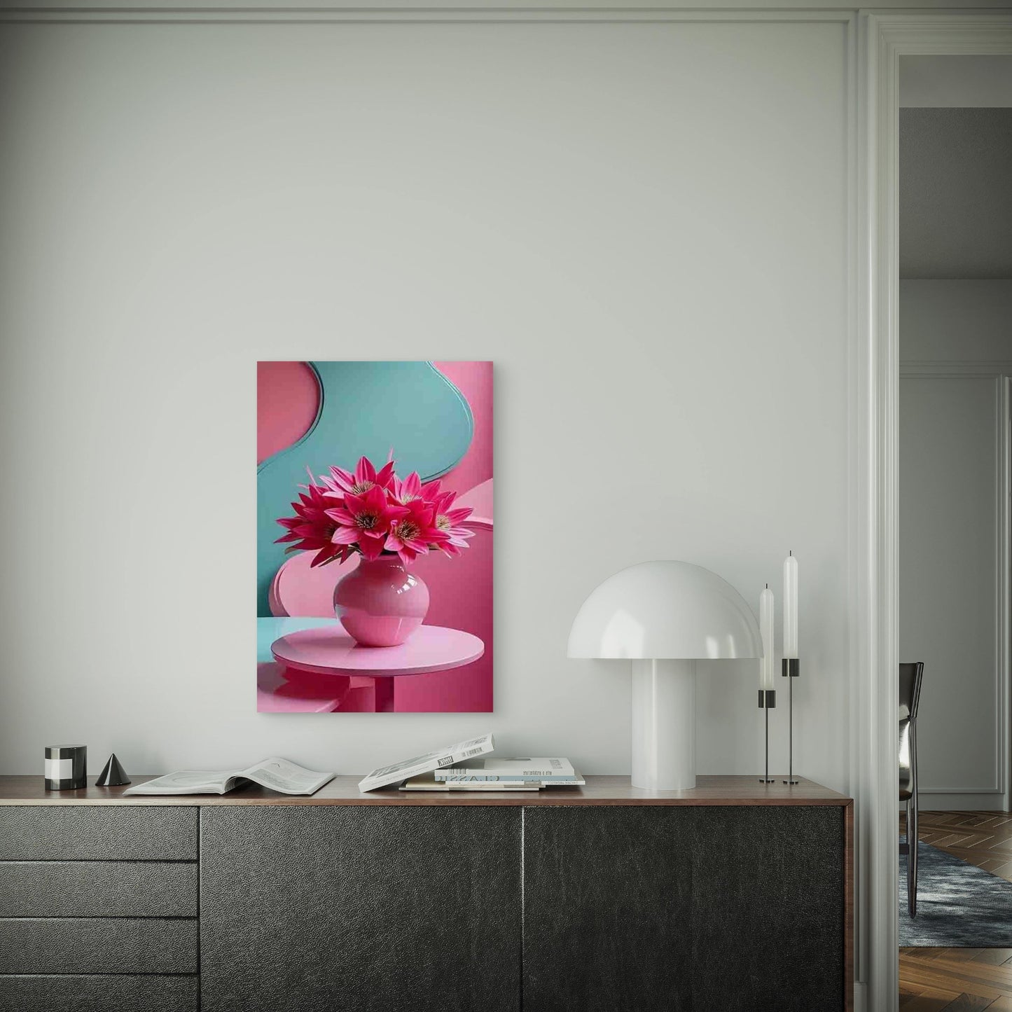 Pink Vase Bloom with Bold Geometric Background 60x90cm Metal Print Ready to Hang