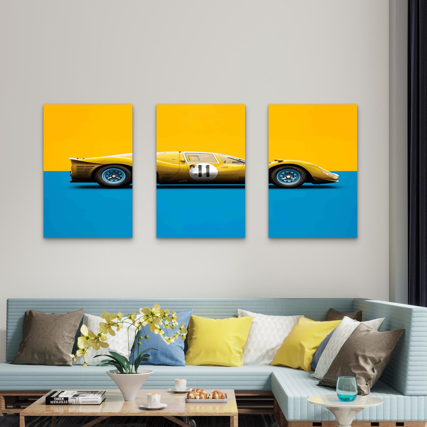3pcs Vintage Yellow Racing Car Retro Metal Print Ready to Hang Art