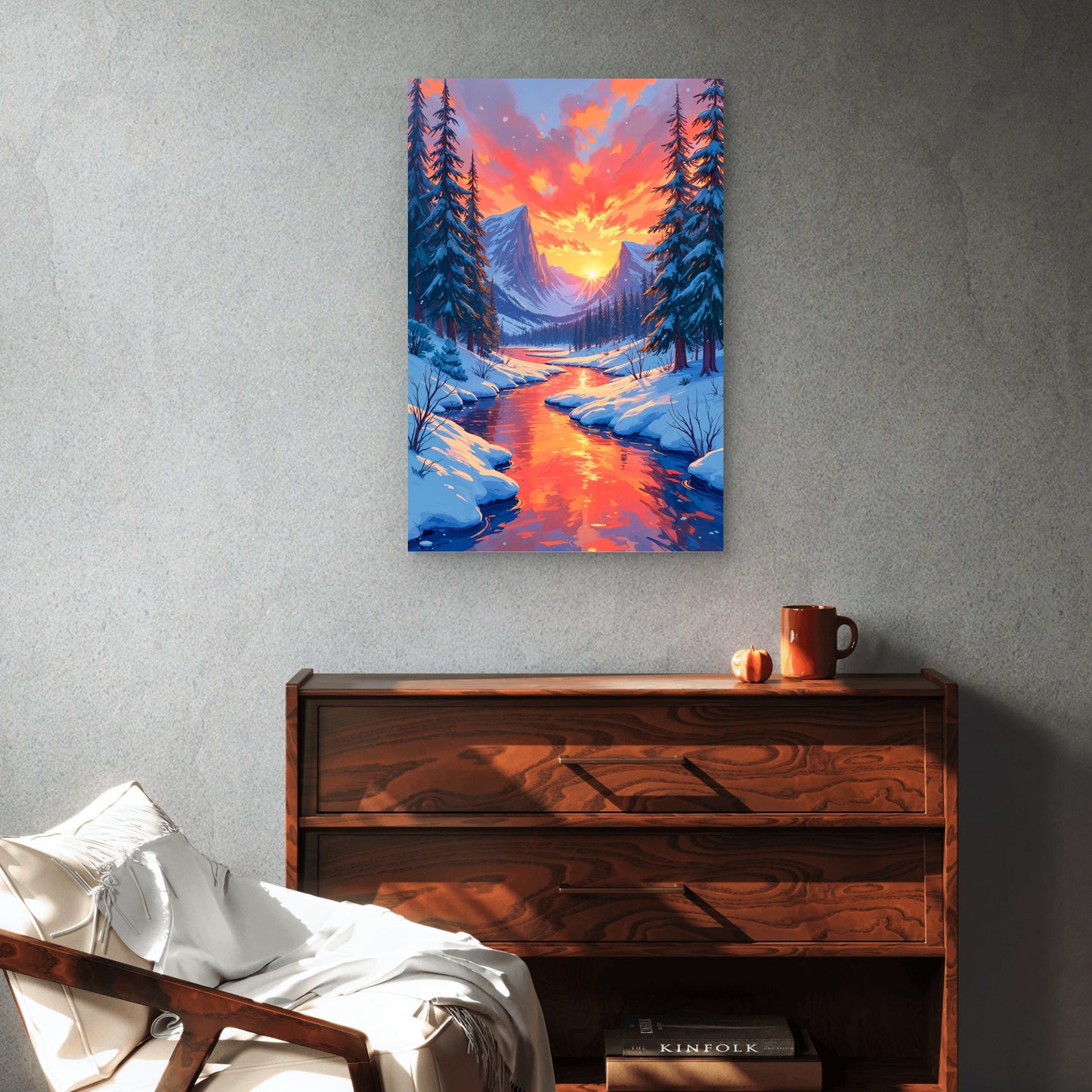 Snowy Mountain Sunset River Winter Wood 40x60cm Metal Print Ready to Hang