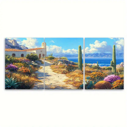 3pcs Mexican Adobe Desert Cactus Landscape Wall Art Set Canvas Framed 50x70cm - High Quality Print 100% Australian Made Wall Canvas Ready to Hang